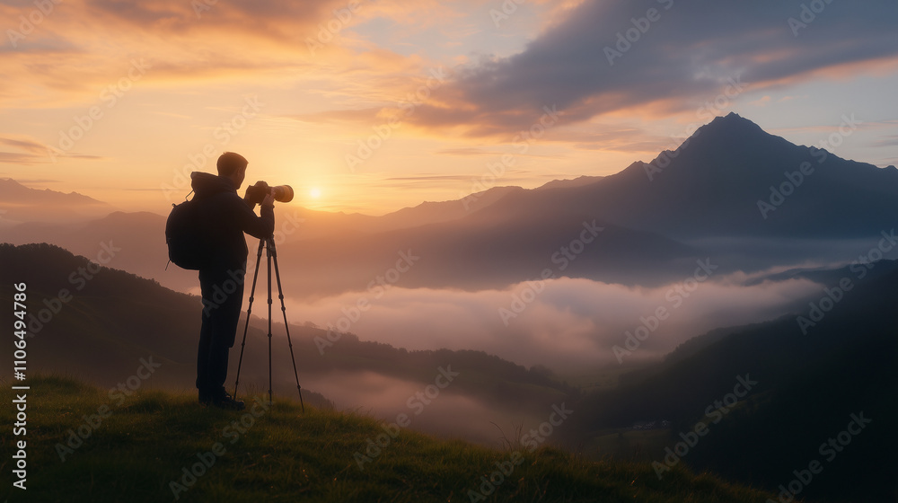 photographer captures stunning sunset over mountains, surrounded by mist. serene landscape evokes sense of adventure and tranquility. photographer captures stunning sunset over mountains, surrounded by mist. serene landscape evokes sense of adventure and tranquility.
