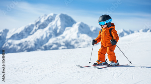 young child skiing on snowy slope, wearing orange ski suit and helmet, with mountains in background.