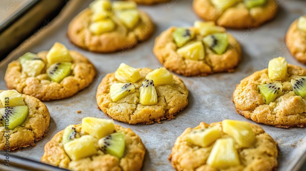 Sweet Fruit Cookies with Pineapple and Kiwi on Baking Tray Sweet Fruit Cookies with Pineapple and Kiwi on Baking Tray