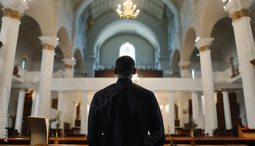 Mystic church interior with priest in black vestments conducting a divine ceremony.
