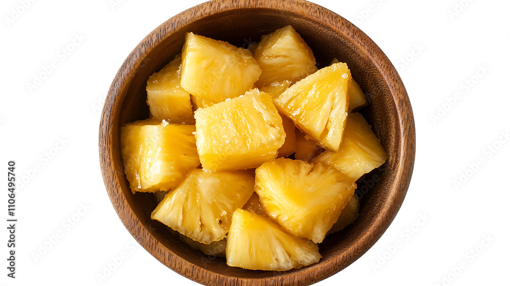Macro photo of sweetened pineapple chunks, preserved in sugar, in a wooden bowl, with yellow flesh, taken from above on a white background Macro photo of sweetened pineapple chunks, preserved in sugar, in a wooden bowl, with yellow flesh, taken from above on a white background