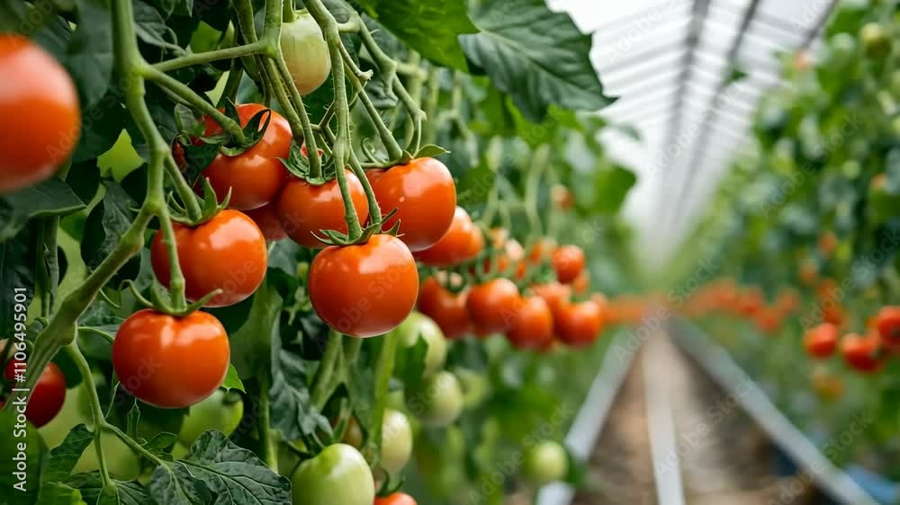 Tomato harvest in greenhouse showcasing vibrant produce and lush green plants Tomato harvest in greenhouse showcasing vibrant produce and lush green plants