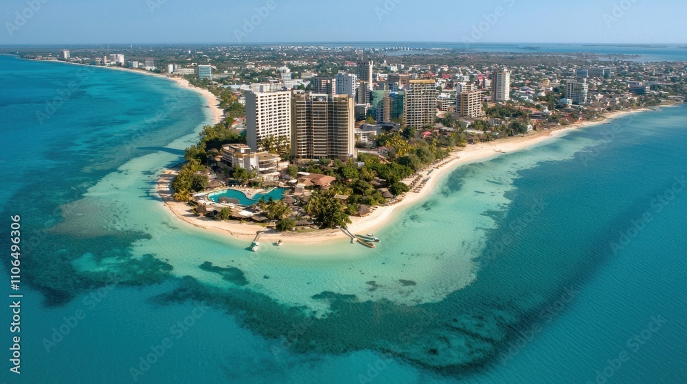 Obraz premium Scenic coastal cityscape caribbean island aerial photography tropical paradise vibrant viewpoint serene lifestyle