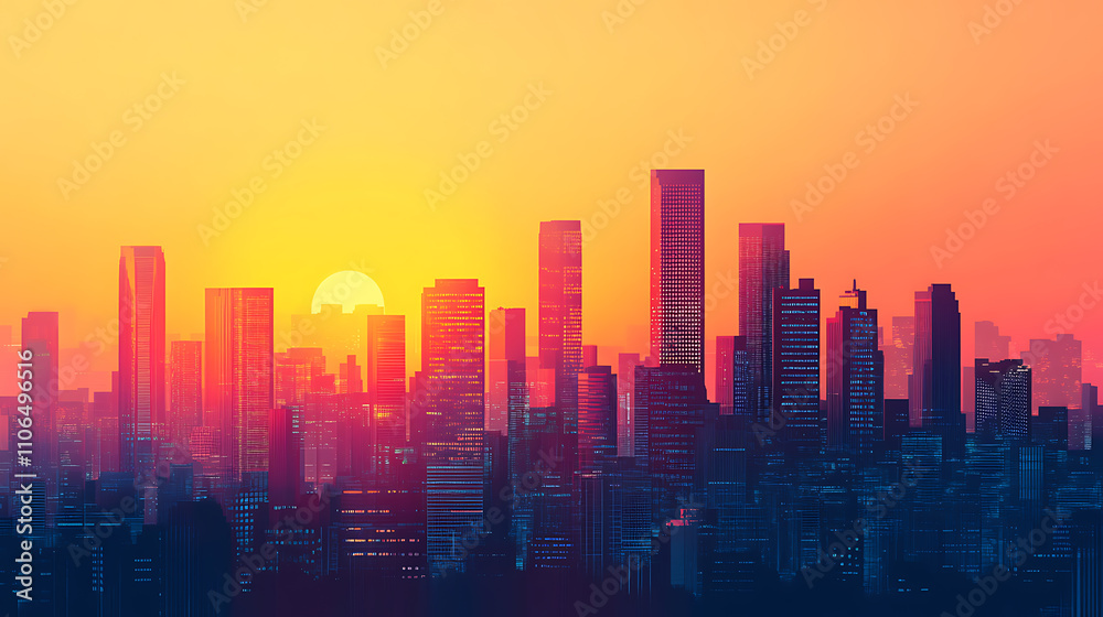 A cityscape with buildings and sunset in the background A cityscape with buildings and sunset in the background
