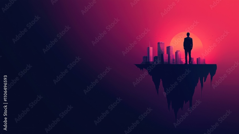 Fototapeta premium Solitary figure on floating island futuristic cityscape digital art dusk dramatic perspective isolation theme