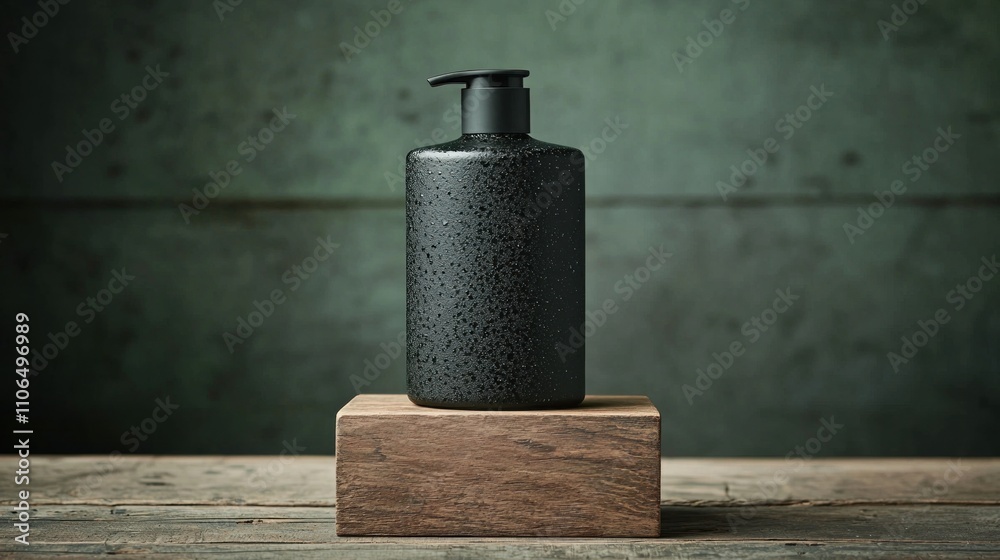 Sleek black lotion bottle on wooden block minimalist setting product photography studio contemporary design Sleek black lotion bottle on wooden block minimalist setting product photography studio contemporary design