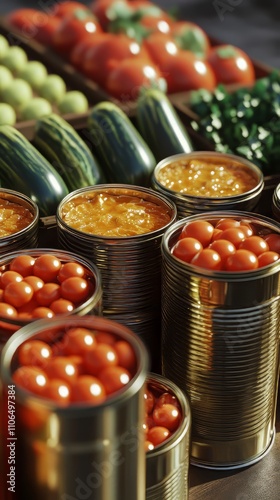 Close up of opened cans of vegetables. canned food. Ultra realistic. Photorealistic hypermaximalist advertising photography hyper realistic fine detail photo