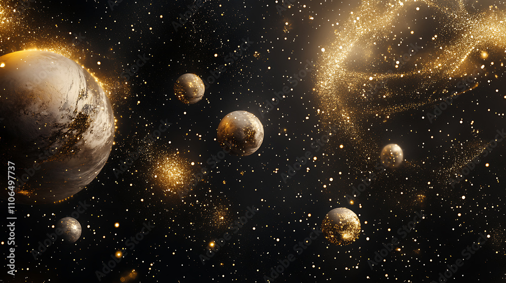 Background with gold lights and space elements on black Background with gold lights and space elements on black