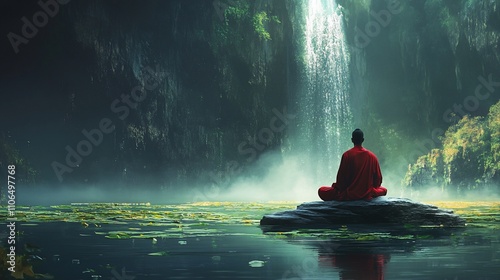 Monk meditating on rock by waterfall.