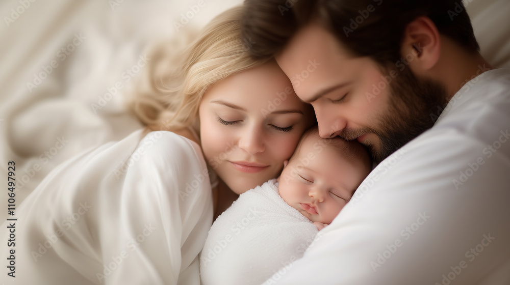 serene family moment with parents embracing their newborn, showcasing love and tenderness. soft lighting enhances warmth of scene. serene family moment with parents embracing their newborn, showcasing love and tenderness. soft lighting enhances warmth of scene.