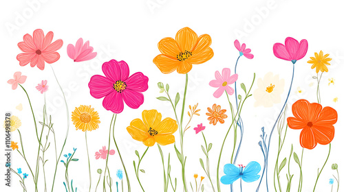 Flowers SPRING IS HERE hand drawing with colorful flowers on a white background