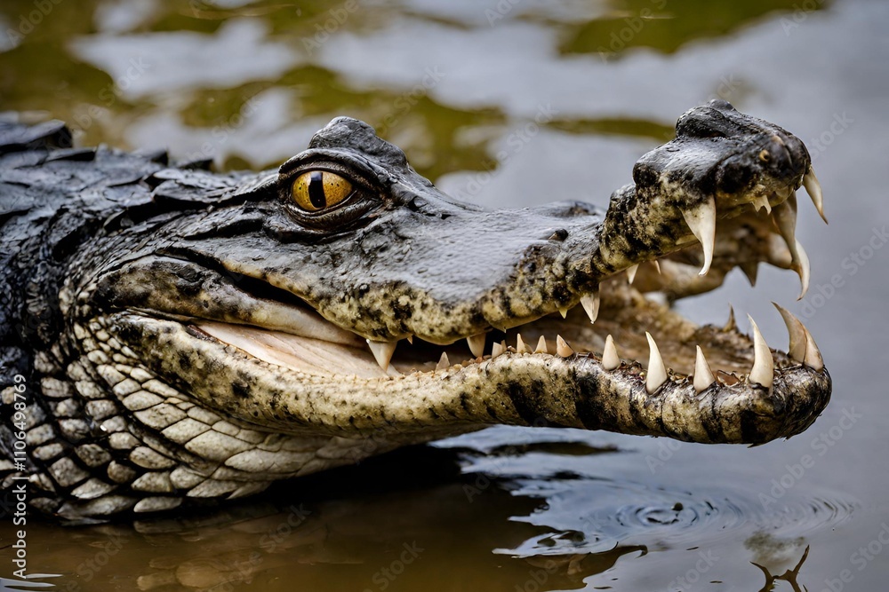 Obraz premium A close-up shot of a Caiman crocodile gliding through the water