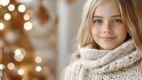 Smiling girl in cozy knitwear with festive bokeh lights in the background, AI