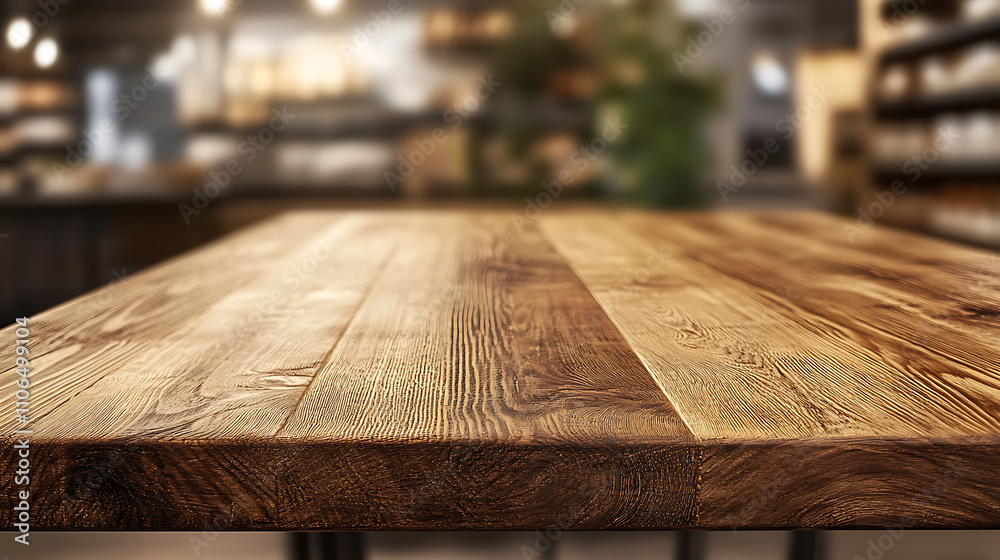 Wooden top table in supermarket with blurred background Wooden top table in supermarket with blurred background
