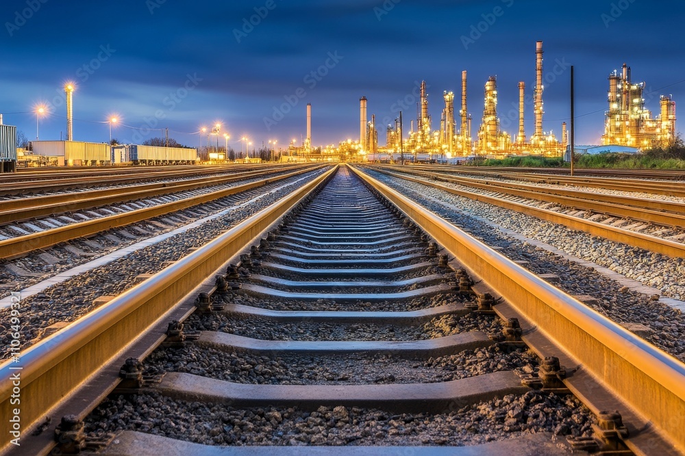 Fototapeta premium Scenic View of Railroad Tracks Leading Towards an Industrial Oil Refinery at Dusk with Illuminated Structures and Cloudy Sky in the Background