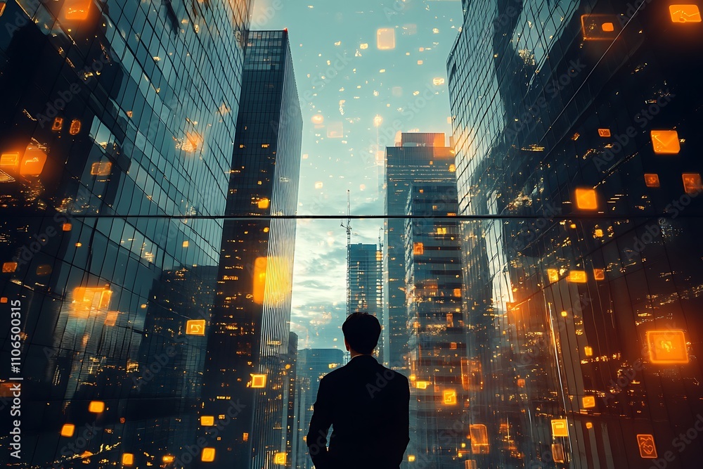 Fototapeta premium Businessman looking at futuristic cityscape. Concept of innovation, technology, and urban development.