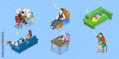 3D Isometric Flat Vector Illustration of Exhausted and Sleepy People, Fatigue and Drowsiness