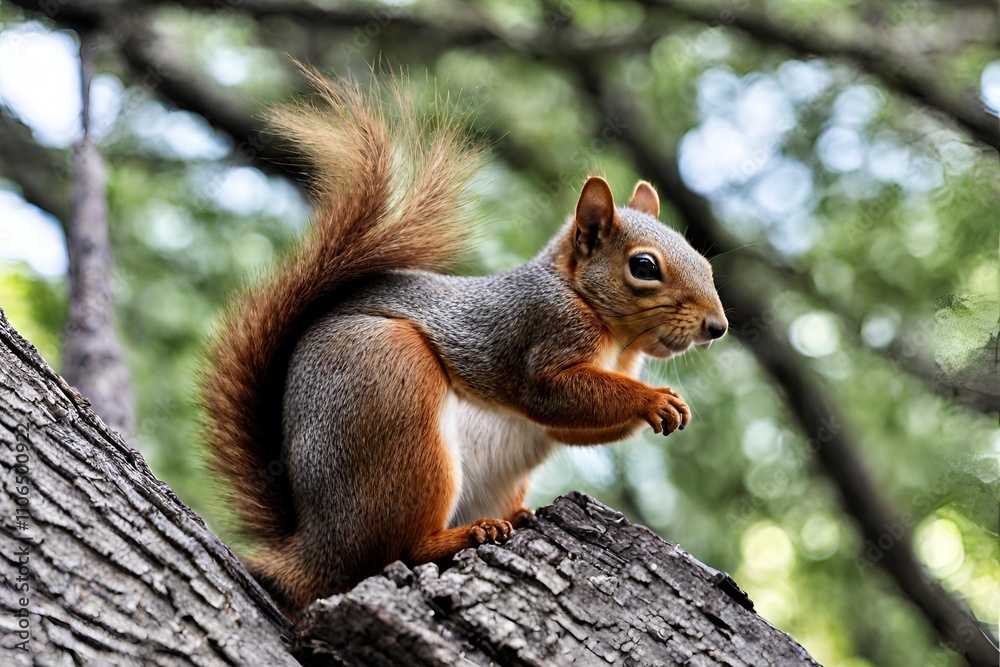 A lively squirrel perched on a tree branch, surrounded by lush greenery A lively squirrel perched on a tree branch, surrounded by lush greenery