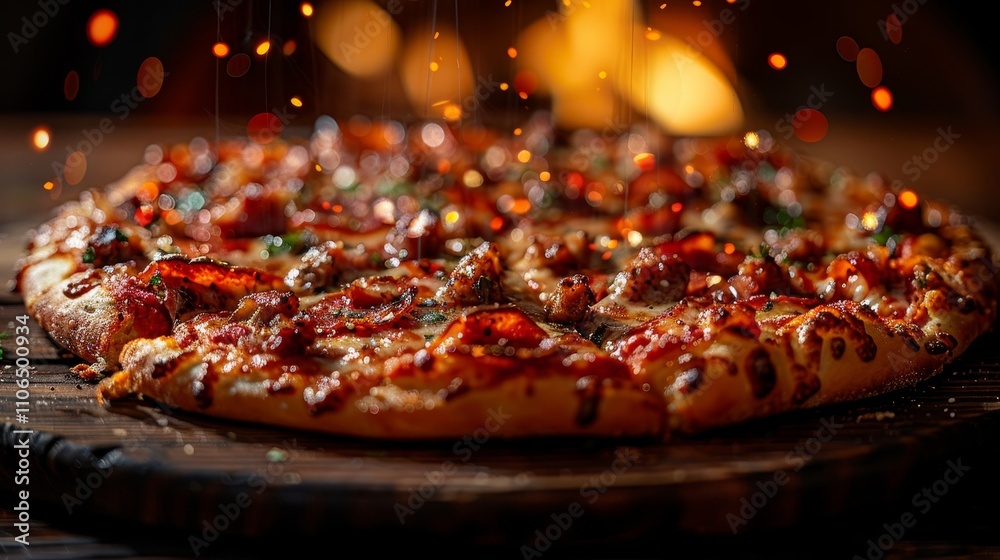 Delicious Homemade Pizza with Pepperoni and Sausage Toppings Fresh from a Wooden Oven Delicious Homemade Pizza with Pepperoni and Sausage Toppings Fresh from a Wooden Oven