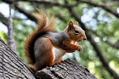 A lively squirrel perched on a tree branch, surrounded by lush greenery