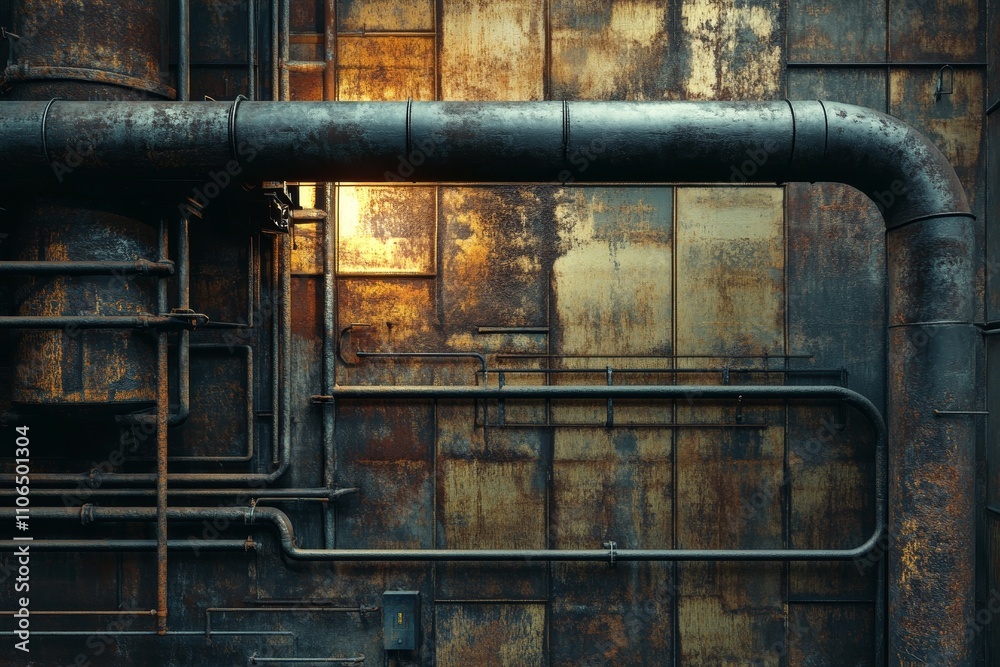 Textured Industrial Background with Rusty Pipes and Metal Plates Highlighting the Aged Elements of an Old Factory or Warehouse Setting with Warm Lighting Textured Industrial Background with Rusty Pipes and Metal Plates Highlighting the Aged Elements of an Old Factory or Warehouse Setting with Warm Lighting