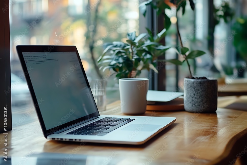 Laptop on a cafe table. Concept of work, productivity, and modern lifestyle. Laptop on a cafe table. Concept of work, productivity, and modern lifestyle.