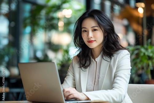 Businesswoman working on laptop in cafe. Concept of professional, productivity, and modern lifestyle.