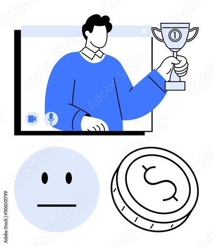 Person holding trophy on video call, sad face emotion, and dollar coin icon. Ideal for remote success, online achievements, rewards, financial success, emotional contrast, virtual events marketing