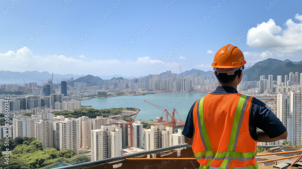 photo of an engineer wearing a safety helmet and orange vest with a cityscape in the background during a bright day photo of an engineer wearing a safety helmet and orange vest with a cityscape in the background during a bright day
