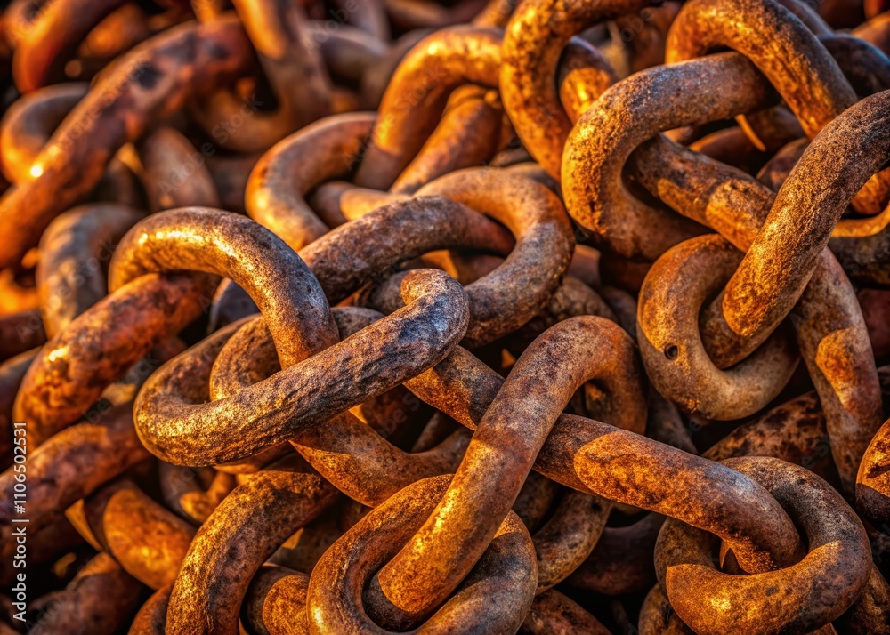 A Long Exposure Capture of Rusty Industrial Chains Piled Together, Showcasing Textures and Patterns in a Derelict Environment with an Artistic Touch of Time and Movement A Long Exposure Capture of Rusty Industrial Chains Piled Together, Showcasing Textures and Patterns in a Derelict Environment with an Artistic Touch of Time and Movement