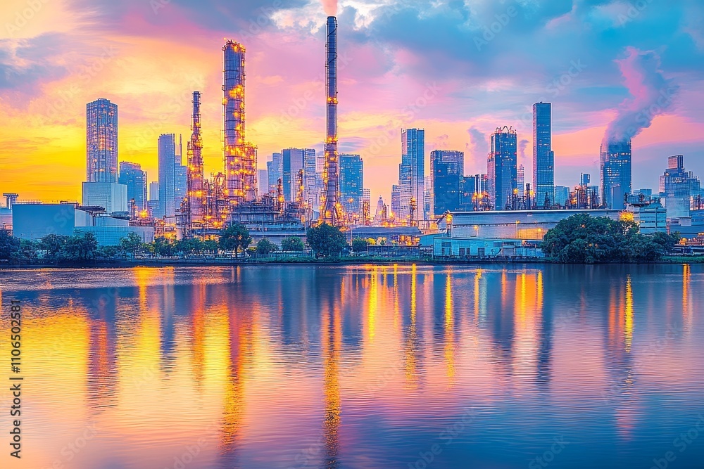 Fototapeta premium Vibrant Sunset View of an Urban Oil Refinery and Skyscrapers Reflected in Calm Water, Showcasing Industrial Innovation Amidst Nature's Beauty