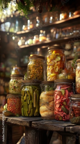 Various jars of fermented and pickled food. canned food. Ultra realistic. Photorealistic hypermaximalist advertising photography hyper realistic fine detail