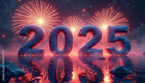 A galaxy-themed celebration with floating asteroids shaped like '2025' and fireworks creating a cosmic Happy New Year display.