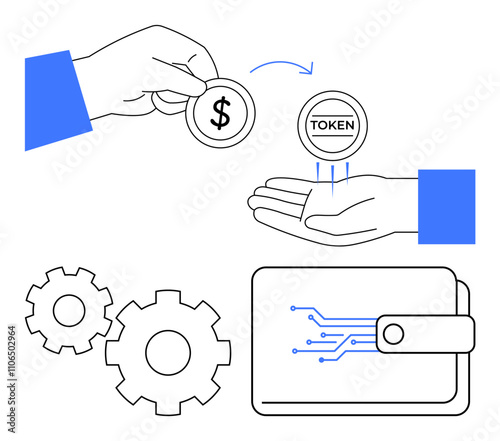 Hand exchanging dollar coin for digital token, with wallet and gears symbolizing financial transaction process. Ideal for cryptocurrency, fintech, digital wallet, investment, blockchain, online