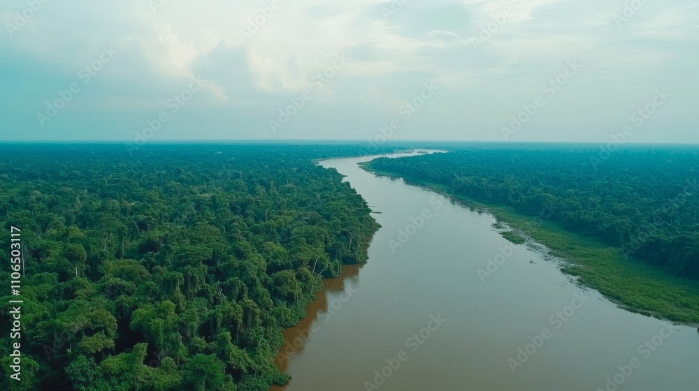 Aerial view of a river flowing through a lush green rainforest.