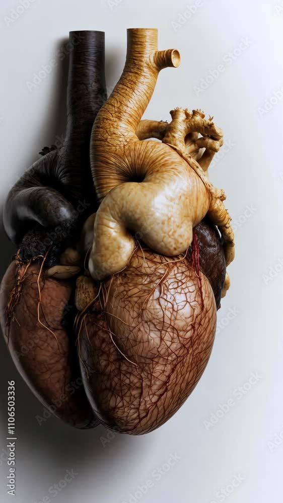 Detailed anatomical heart model showcasing blood vessels and textures in a unique artistic representation Detailed anatomical heart model showcasing blood vessels and textures in a unique artistic representation