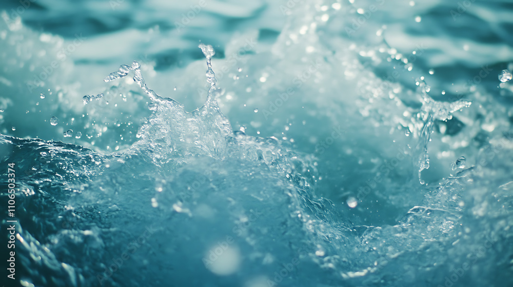 Splash of clear water with drops on light blue background, closeup, beautiful sea wave texture outdoors Splash of clear water with drops on light blue background, closeup, beautiful sea wave texture outdoors