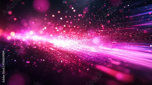 Abstract pink and purple light streaks with bokeh effect on black background.