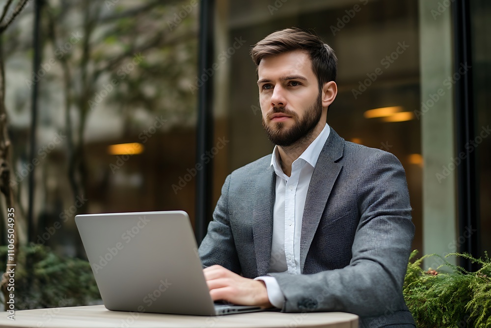 Businessman working on laptop outdoors. Concept of modern business, remote work, and urban lifestyle. Businessman working on laptop outdoors. Concept of modern business, remote work, and urban lifestyle.
