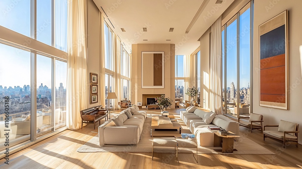 Luxurious high-rise apartment living room with panoramic city views, featuring hardwood floors, large windows, and modern furniture. Luxurious high-rise apartment living room with panoramic city views, featuring hardwood floors, large windows, and modern furniture.