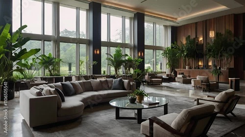 A spacious hotel lounge with sofas, and table, 