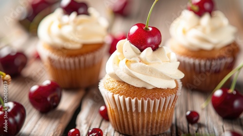 Cherry berry cream cupcakes on wooden table with cherries.