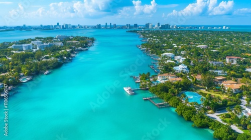 Aerial view of a vibrant coastal city with luxurious waterfront homes, turquoise water, and a boat navigating a narrow channel.