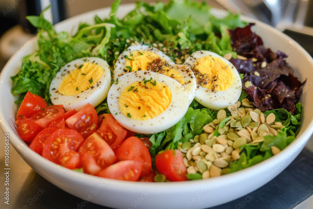 salad bowl with hard-boiled egg slices on top, surrounded by fresh greens, tomatoes, and a sprinkle of seeds, promoting health and balance salad bowl with hard-boiled egg slices on top, surrounded by fresh greens, tomatoes, and a sprinkle of seeds, promoting health and balance