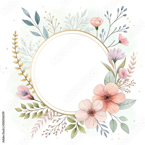 watercolor hand drawn postcard mockup for wedding invitation and with gentle flowers, leaves in boho style. Clipart round frame, layout on transparent background with empty copy space for inscription 