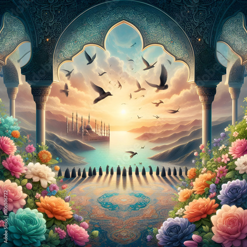 Beautiful Islamic Mosque Devine Spiritual Arabic Art HD Image. Muslim Masjid Concept Background for Whishing Happy Eid, Friday, Holy Ramadan, Good Morning, For Islamic Status or Posts Greetings Image. photo