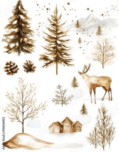 several cliparts in beige and gold colors, watercolor painting cliparts with a winter theme, and rustic winter background