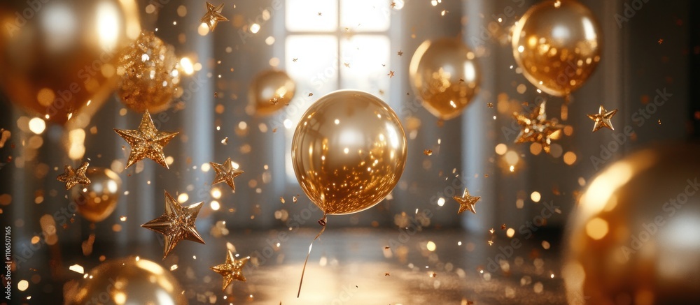 Golden Balloons and Stars Falling in a Room with a Window.