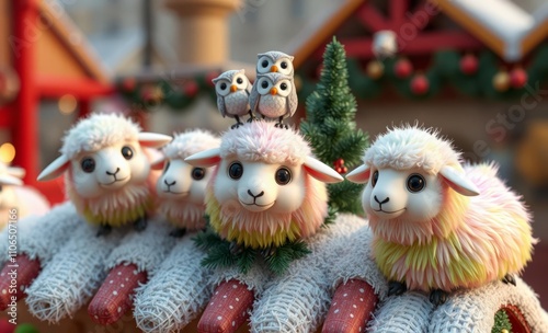 owl christmas Toy rainbow sheep with small owls on roof decoration on christmas market in germany  animal, decoration, season, bird photo