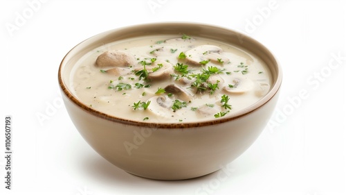 High-resolution photo of a bowl of creamy mushroom soup garnished with fresh parsley 